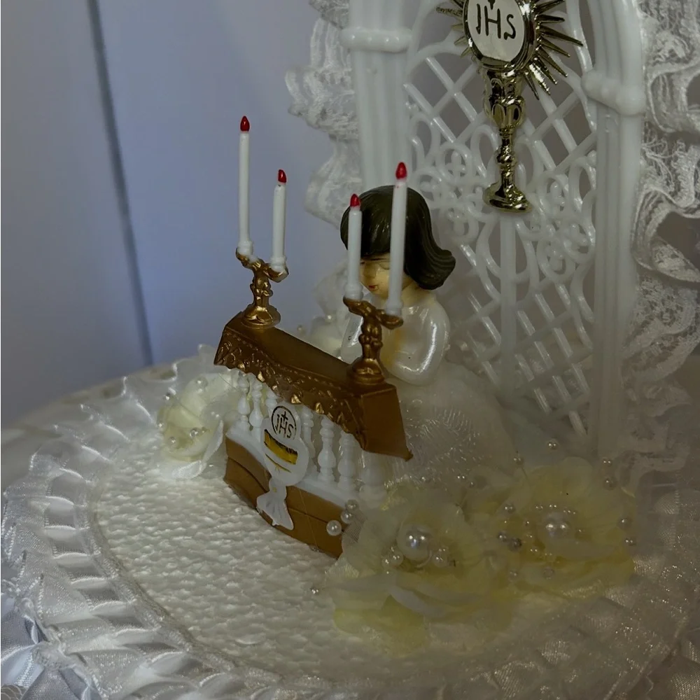 Elegant White and Gold Communion Cake Topper